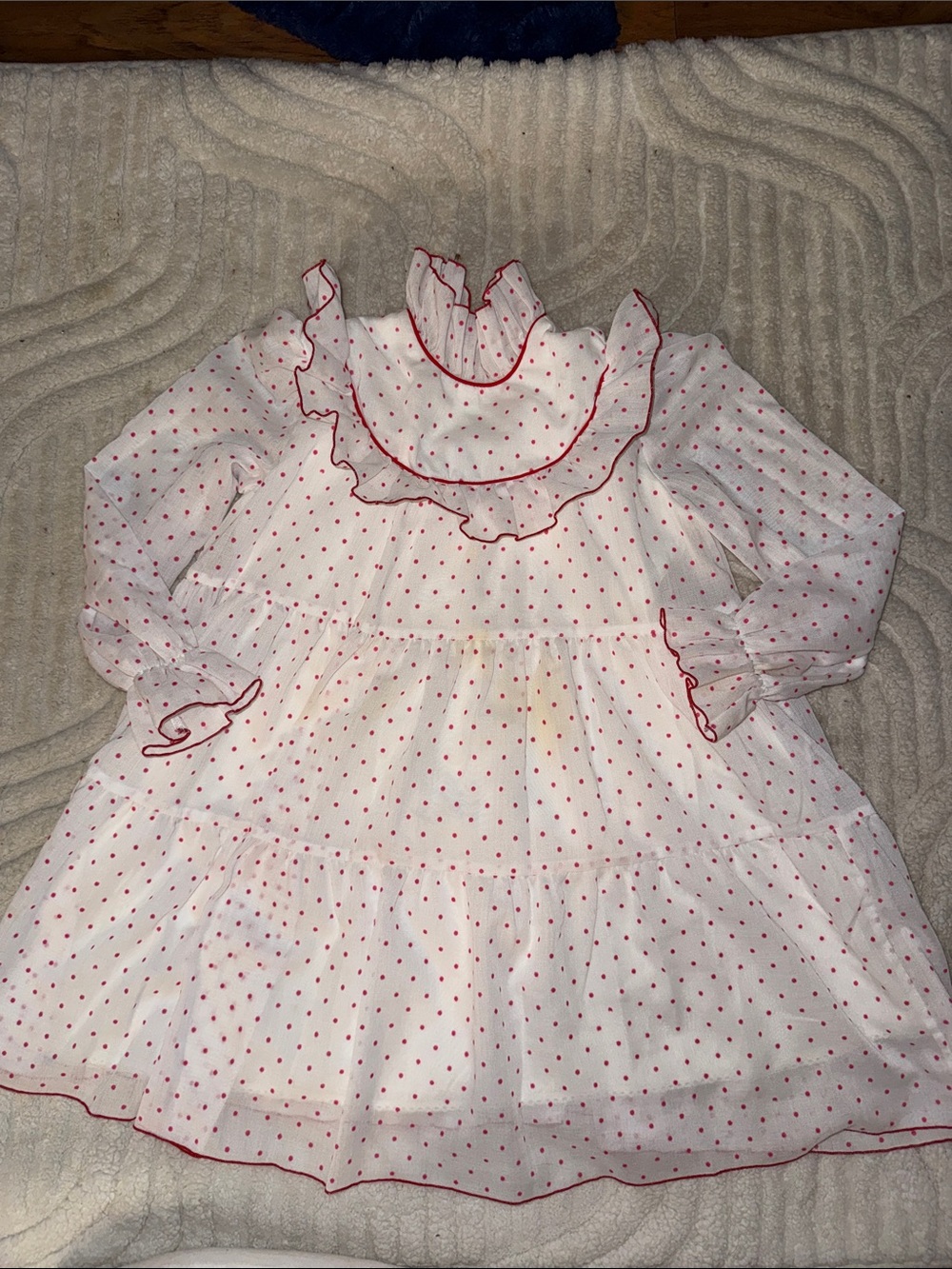 3-4T 1970s Vintqge White Dress with Red Polka Dots and Ruffle Collar
